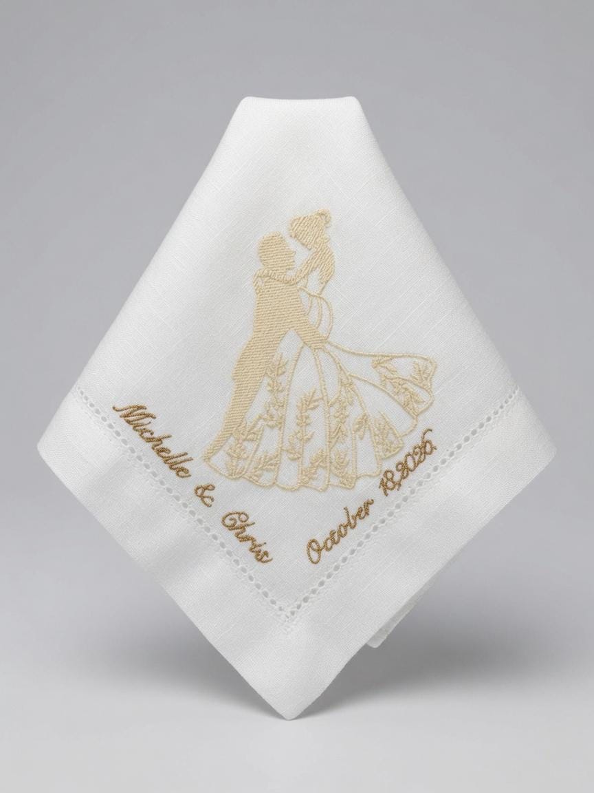 Custom Wedding Embroidered Handkerchief Bride Groom Silhouette Gold Couple Napkin Personalized Michelle & Chris Oct.18 2026 Gift . Set of 2