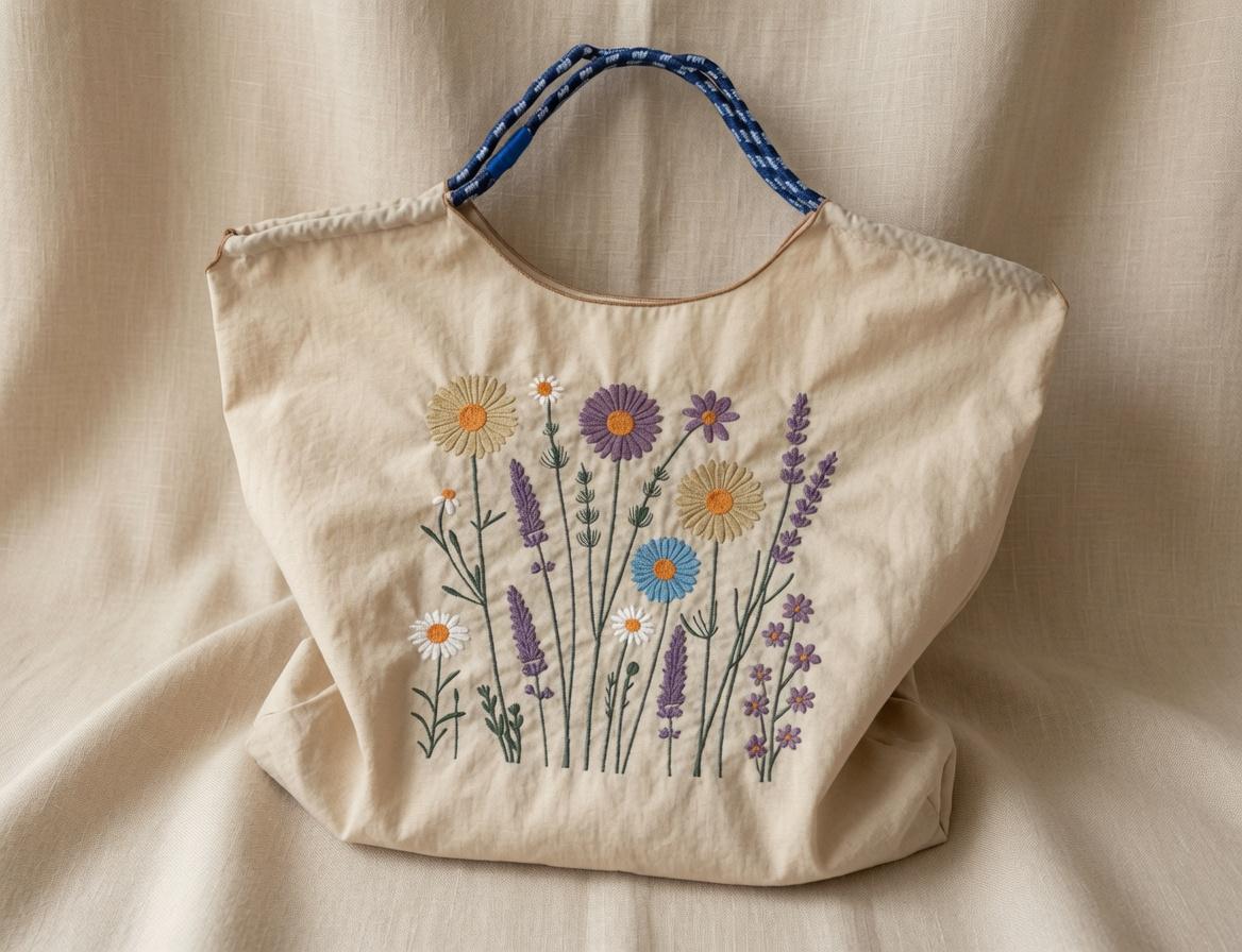 Custom Embroidered Wildflower Tote Bag Daisy Lavender Floral Canvas Shopping Bag Nature Style Gift Made to Order