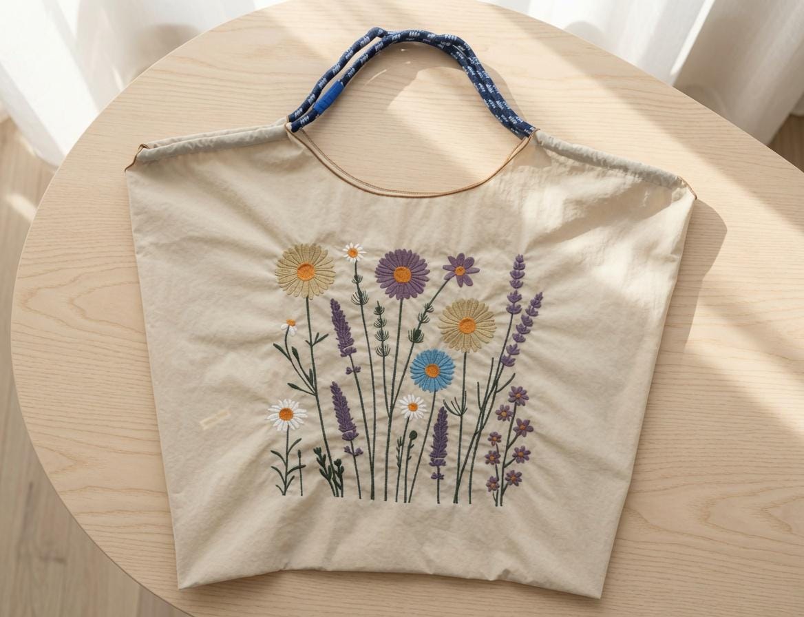 Custom Embroidered Wildflower Tote Bag Daisy Lavender Floral Canvas Shopping Bag Nature Style Gift Made to Order