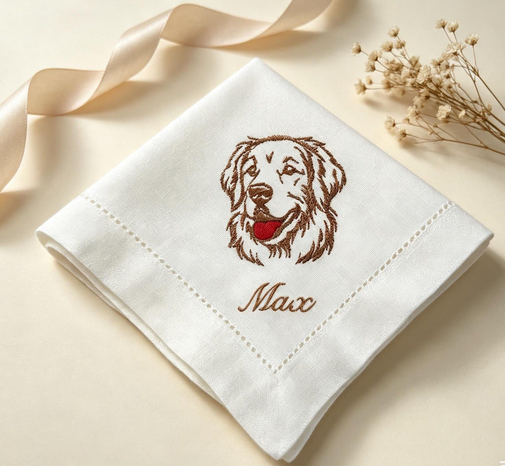 Custom Pet Embroidered Handkerchief Golden Retriever Dog Portrait Napkin Personalized Name Max Pet Memorial Gift Made to Order