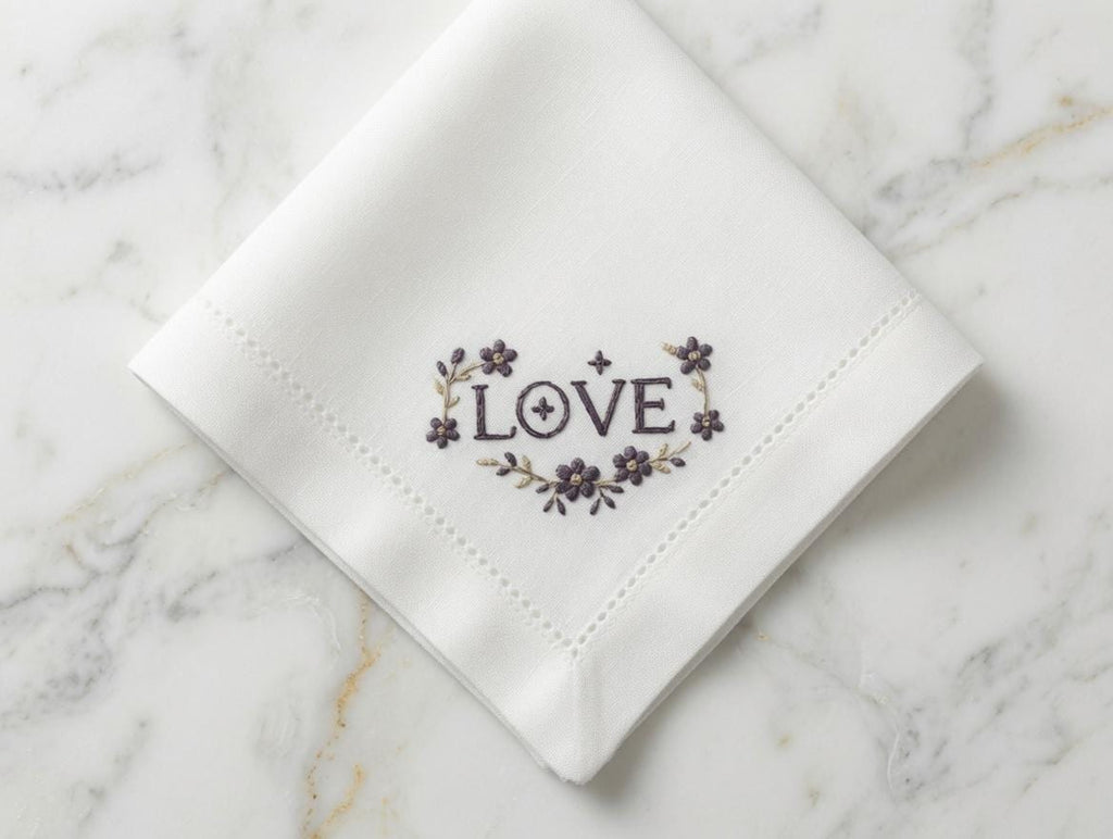 Custom Embroidered LOVE Floral Heart Napkin With Pearl Rhinestones Romantic Word Handkerchief Wedding Gift Made to Order