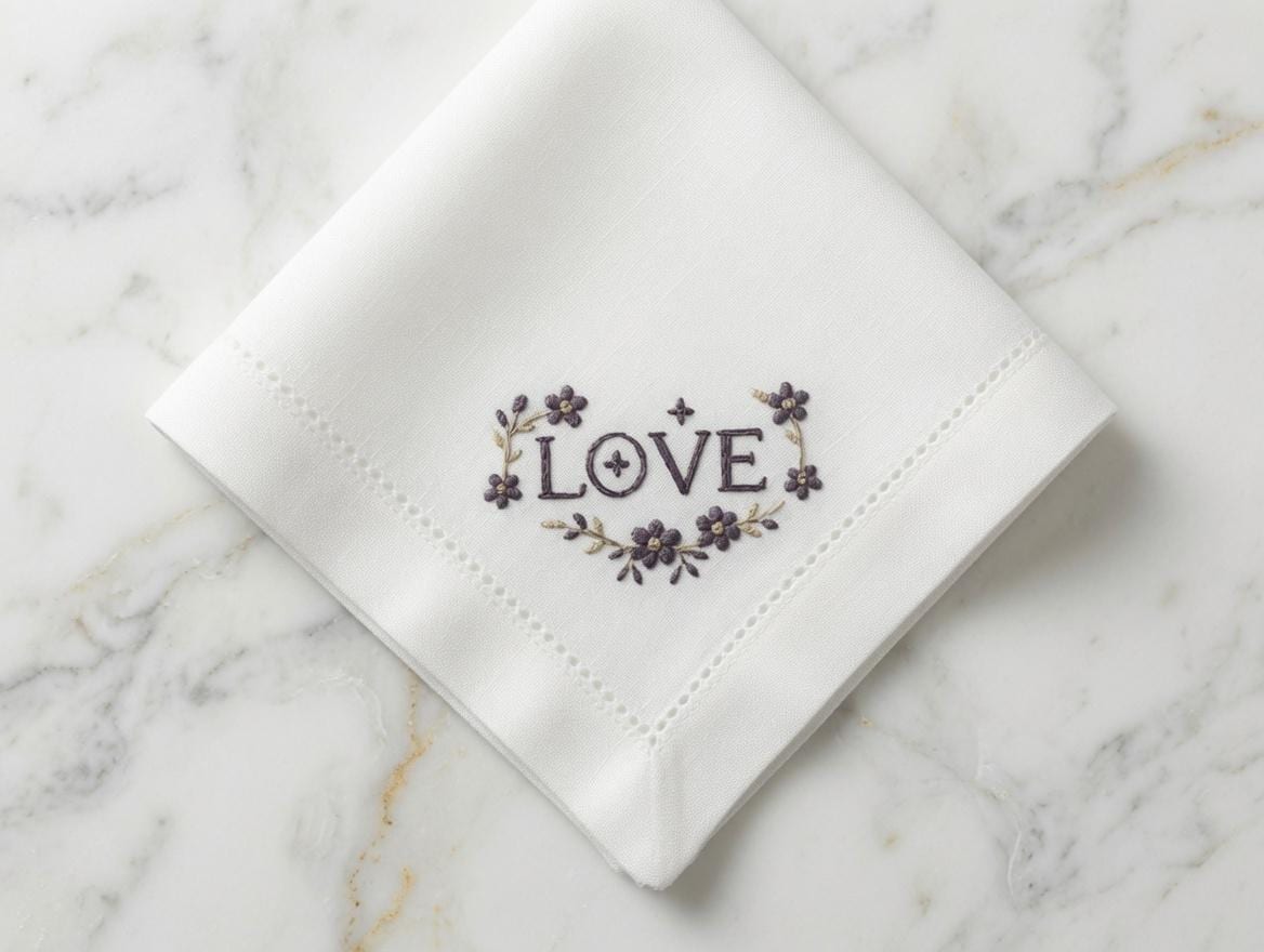 Custom Embroidered LOVE Floral Heart Napkin With Pearl Rhinestones Romantic Word Handkerchief Wedding Gift Made to Order