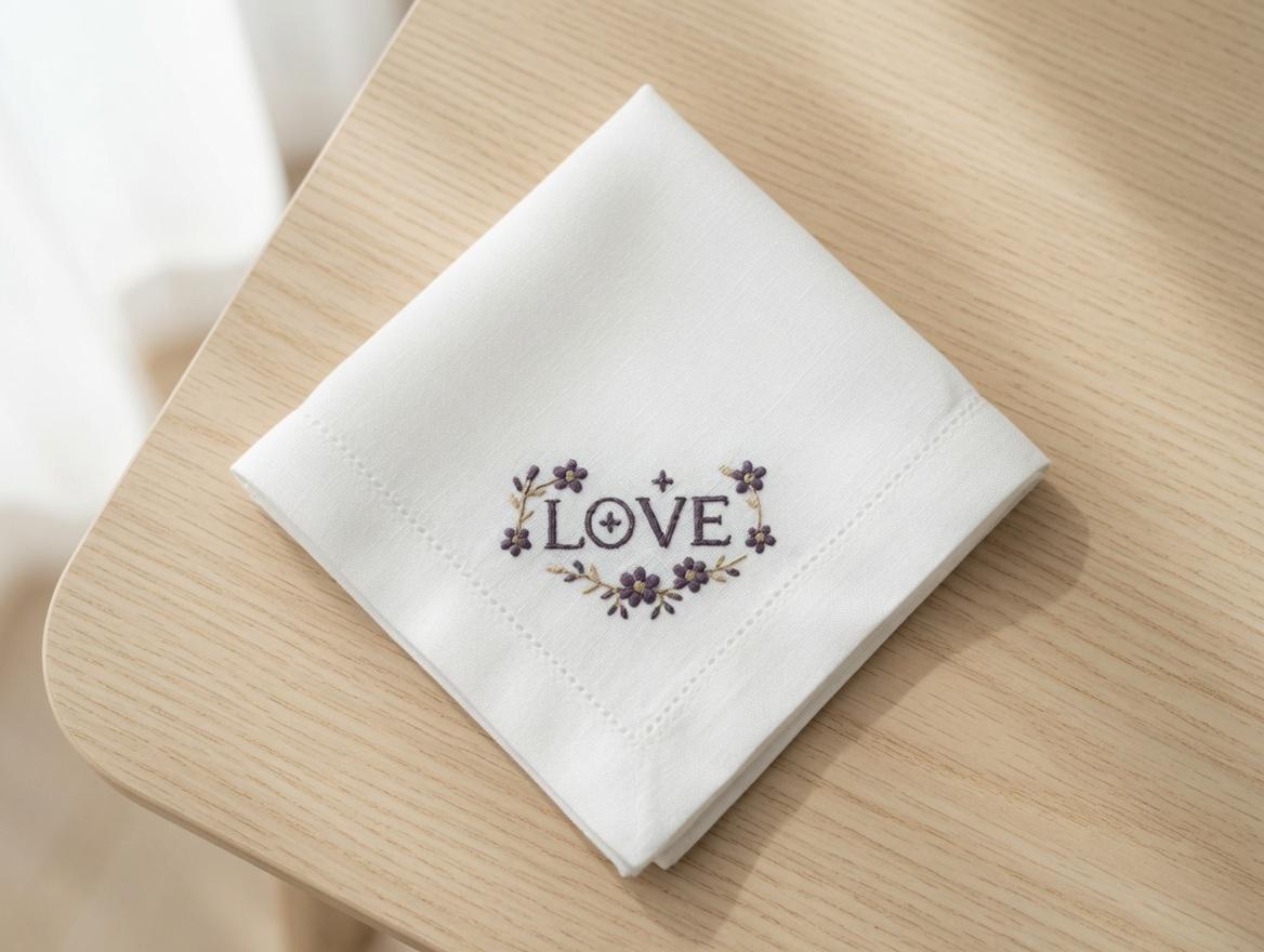 Custom Embroidered LOVE Floral Heart Napkin With Pearl Rhinestones Romantic Word Handkerchief Wedding Gift Made to Order