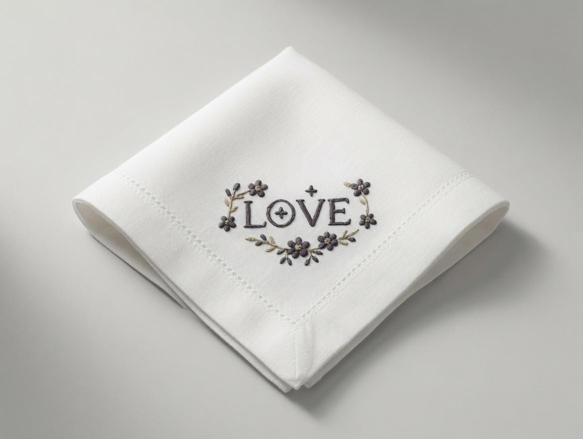 Custom Embroidered LOVE Floral Heart Napkin With Pearl Rhinestones Romantic Word Handkerchief Wedding Gift Made to Order