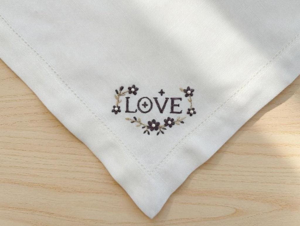Custom Embroidered LOVE Floral Heart Napkin With Pearl Rhinestones Romantic Word Handkerchief Wedding Gift Made to Order