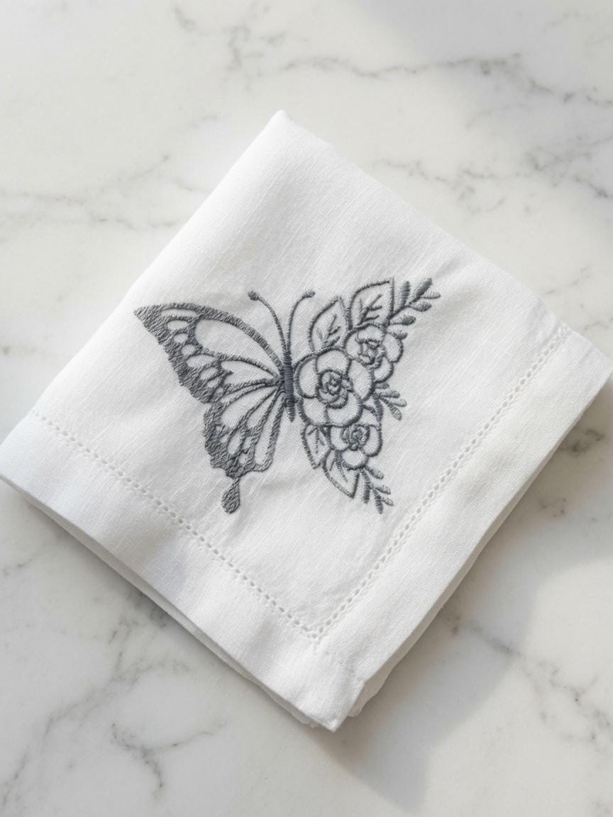Custom Embroidered Butterfly Floral Napkin Black Thread Butterfly Handkerchief Elegant Table Setting Gift Made to Order  set of two