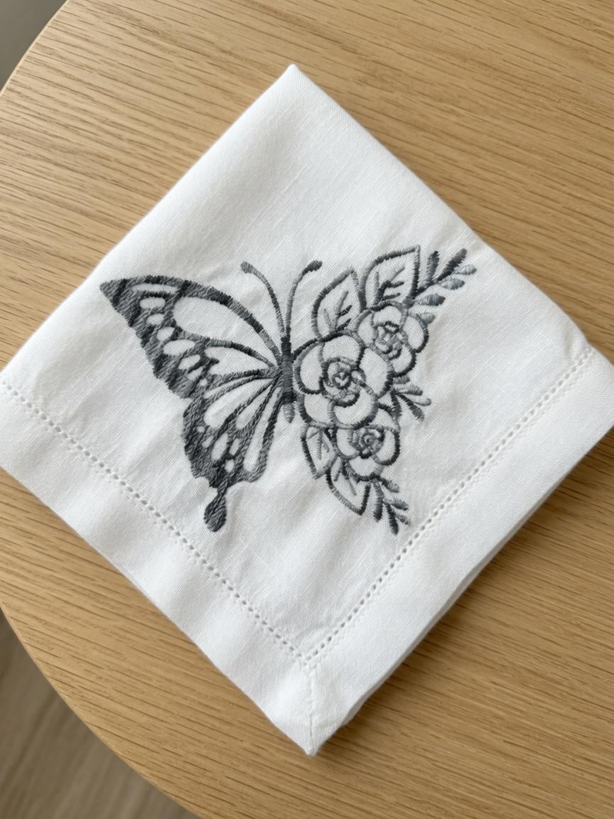 Custom Embroidered Butterfly Floral Napkin Black Thread Butterfly Handkerchief Elegant Table Setting Gift Made to Order  set of two