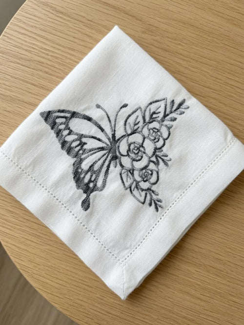 Custom Embroidered Butterfly Floral Napkin Black Thread Butterfly Handkerchief Elegant Table Setting Gift Made to Order  set of two