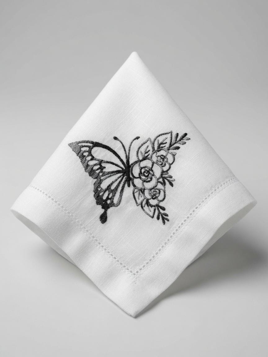 Custom Embroidered Butterfly Floral Napkin Black Thread Butterfly Handkerchief Elegant Table Setting Gift Made to Order  set of two