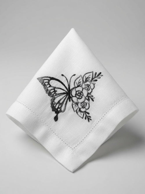 Custom Embroidered Butterfly Floral Napkin Black Thread Butterfly Handkerchief Elegant Table Setting Gift Made to Order  set of two