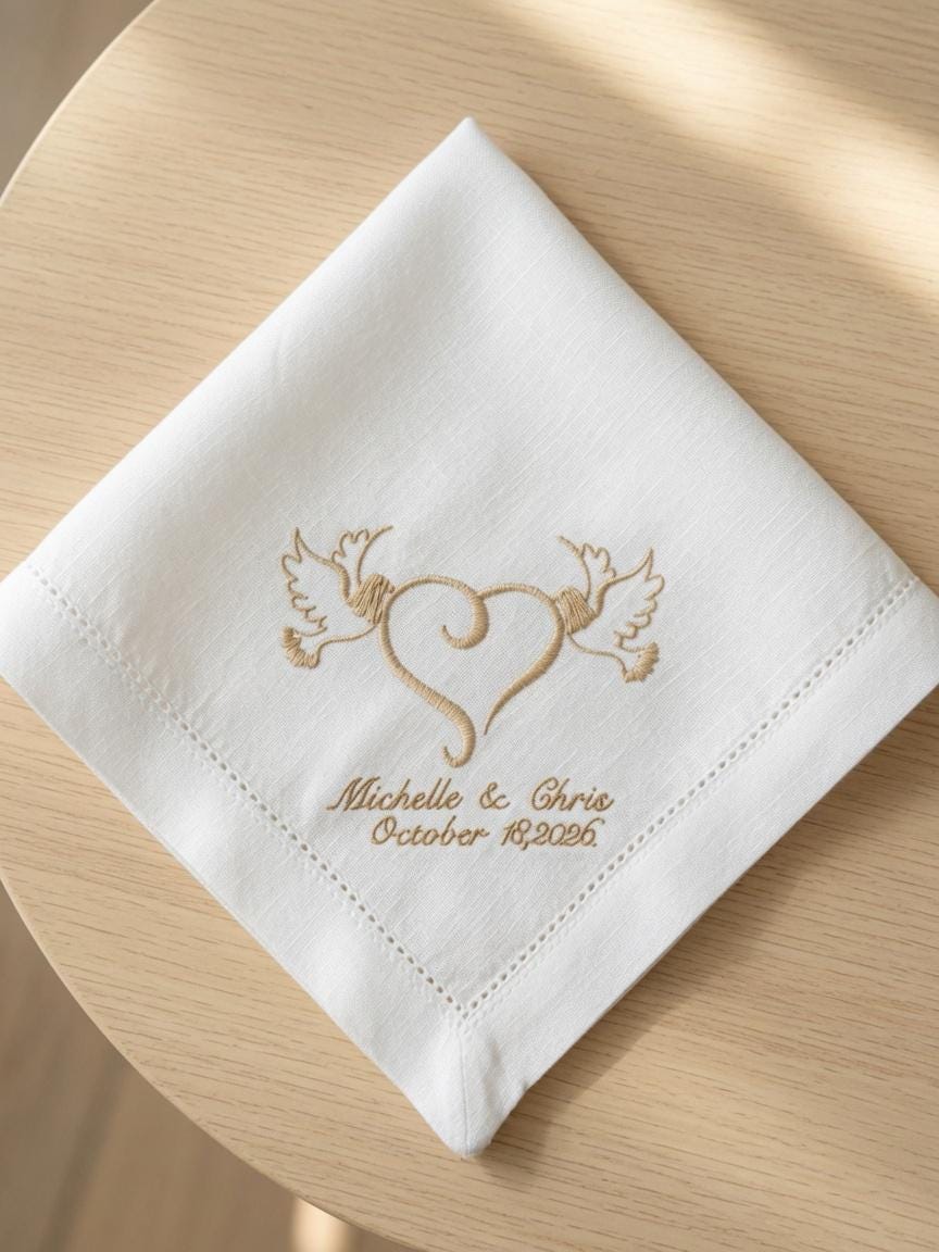 Custom Wedding Embroidered Handkerchief Gold Doves Heart Couple Napkin Personalized Michelle & Chris October 18 2026 Gift. Set of 2