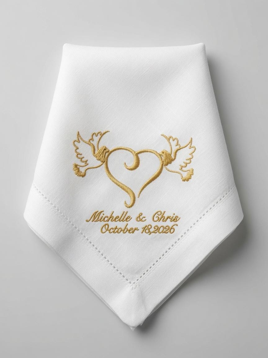 Custom Wedding Embroidered Handkerchief Gold Doves Heart Couple Napkin Personalized Michelle & Chris October 18 2026 Gift. Set of 2