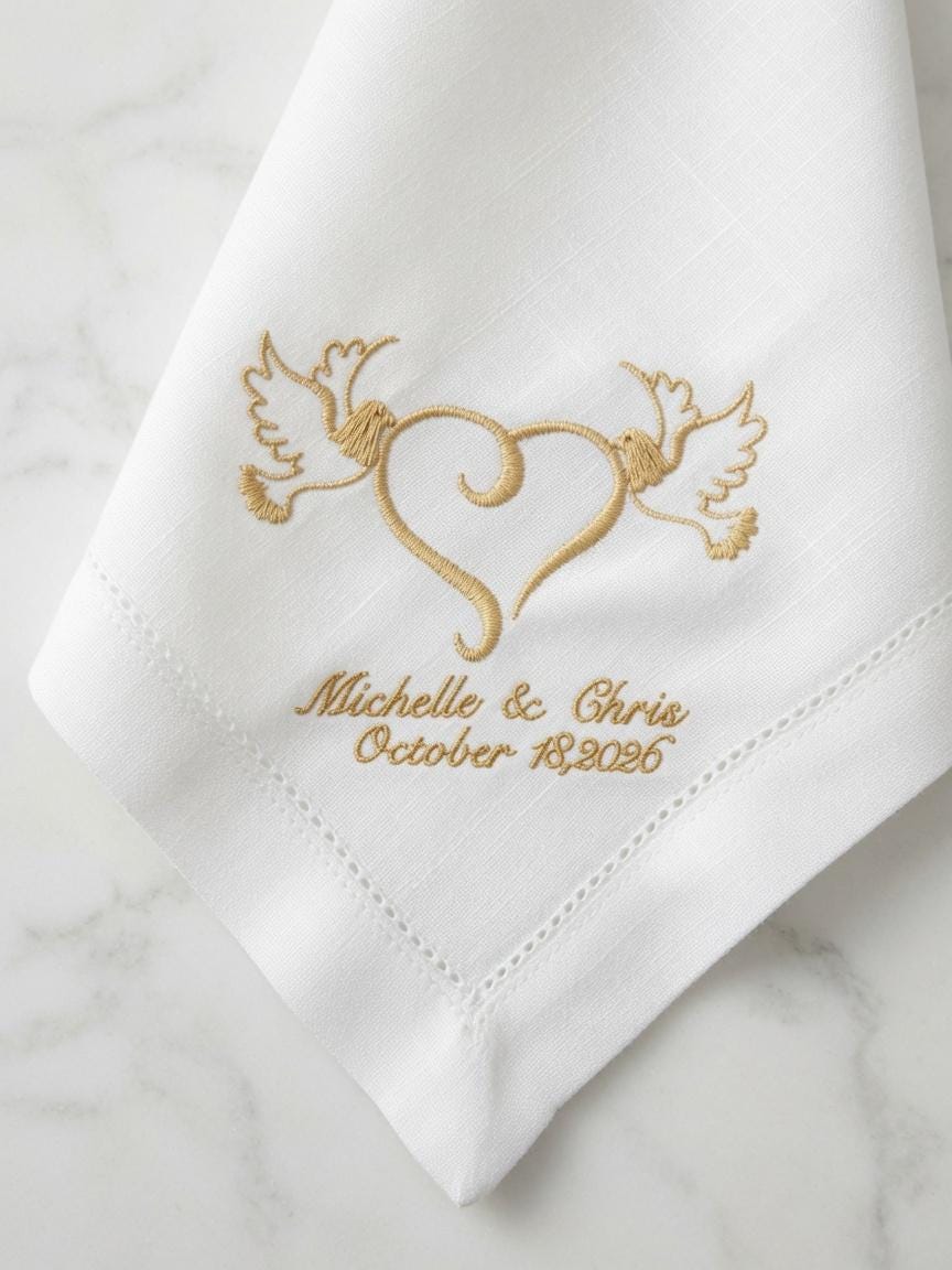 Custom Wedding Embroidered Handkerchief Gold Doves Heart Couple Napkin Personalized Michelle & Chris October 18 2026 Gift. Set of 2