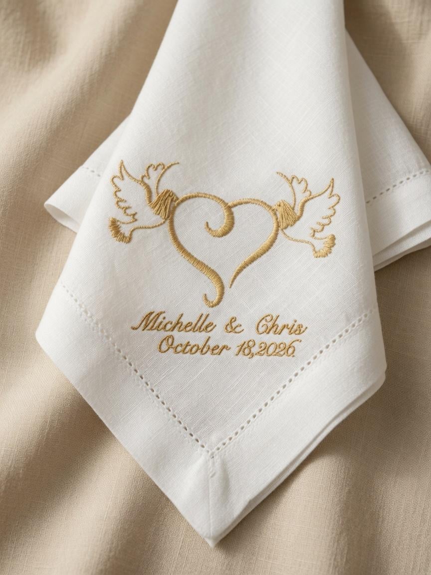 Custom Wedding Embroidered Handkerchief Gold Doves Heart Couple Napkin Personalized Michelle & Chris October 18 2026 Gift. Set of 2