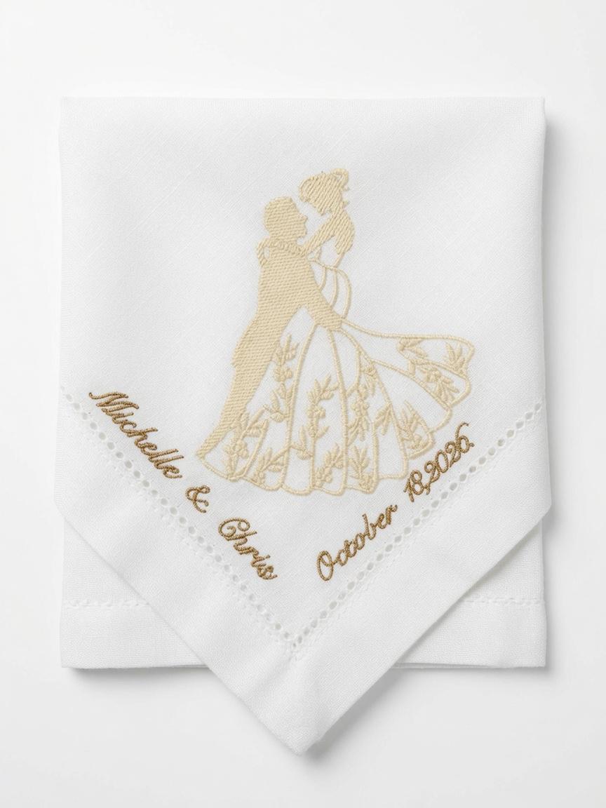 Custom Wedding Embroidered Handkerchief Bride Groom Silhouette Gold Couple Napkin Personalized Michelle & Chris Oct.18 2026 Gift . Set of 2