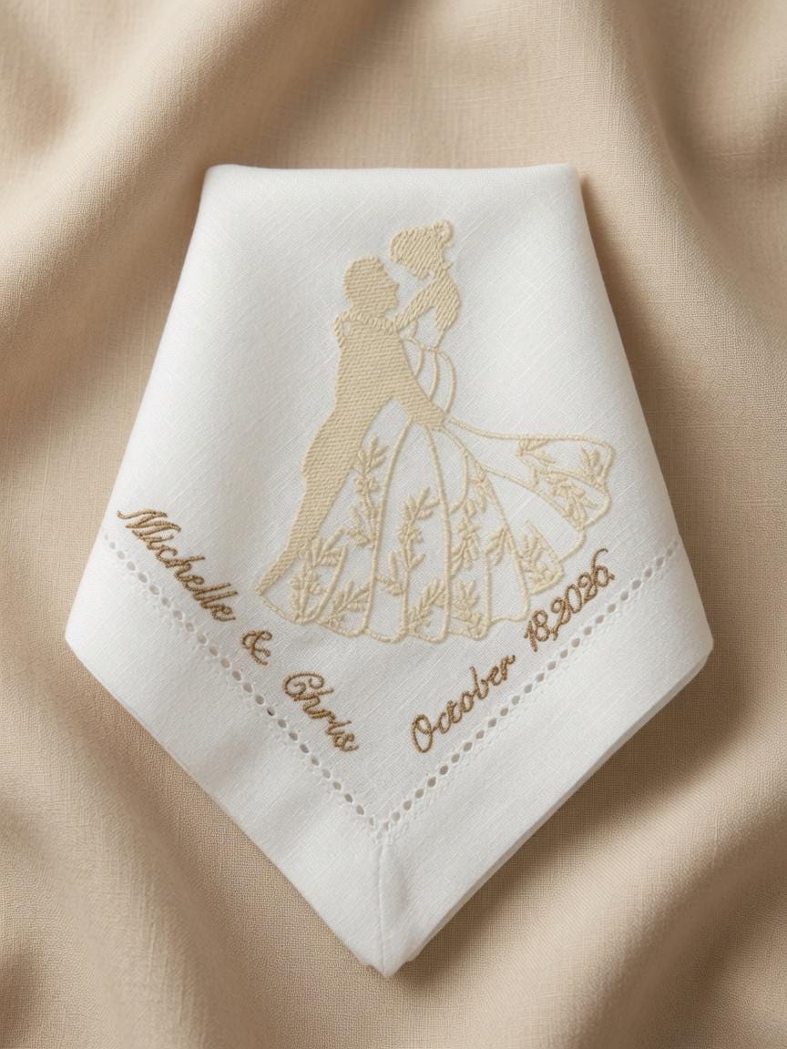 Custom Wedding Embroidered Handkerchief Bride Groom Silhouette Gold Couple Napkin Personalized Michelle & Chris Oct.18 2026 Gift . Set of 2