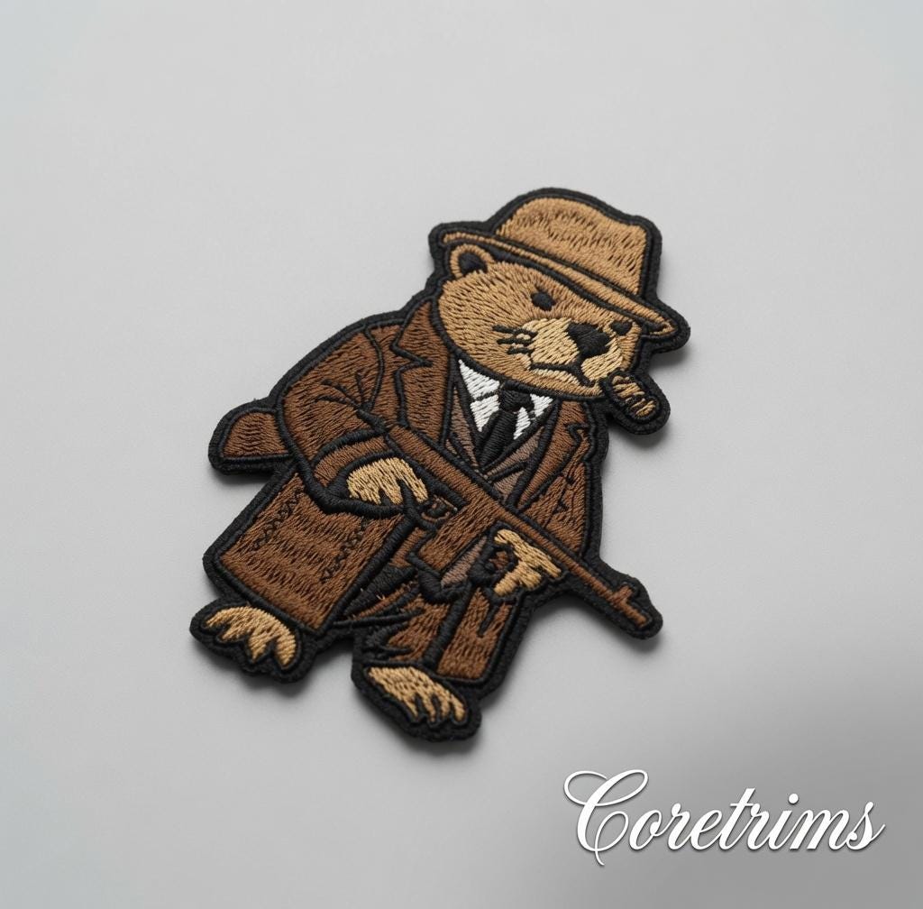 Gangster Beaver Meme  Patch – Mobster Animal with Tommy Gun Embroidered Iron-On Appliqué, Funny Cartoon