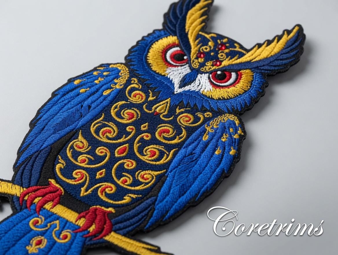 Ornate Blue Owl Embroidered Iron-On Patch - image 3