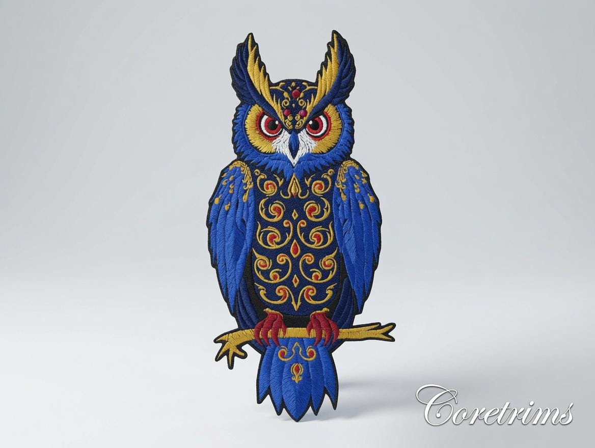 Ornate Blue Owl Embroidered Iron-On Patch - image 1