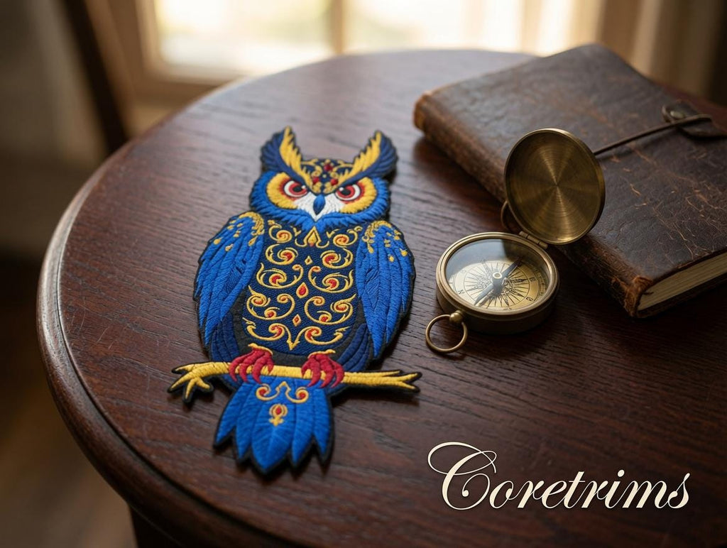 Ornate Blue Owl Embroidered Iron-On Patch - image 5