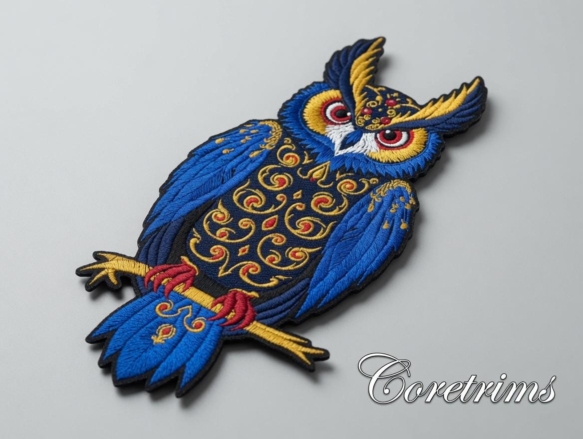 Ornate Blue Owl Embroidered Iron-On Patch - image 6