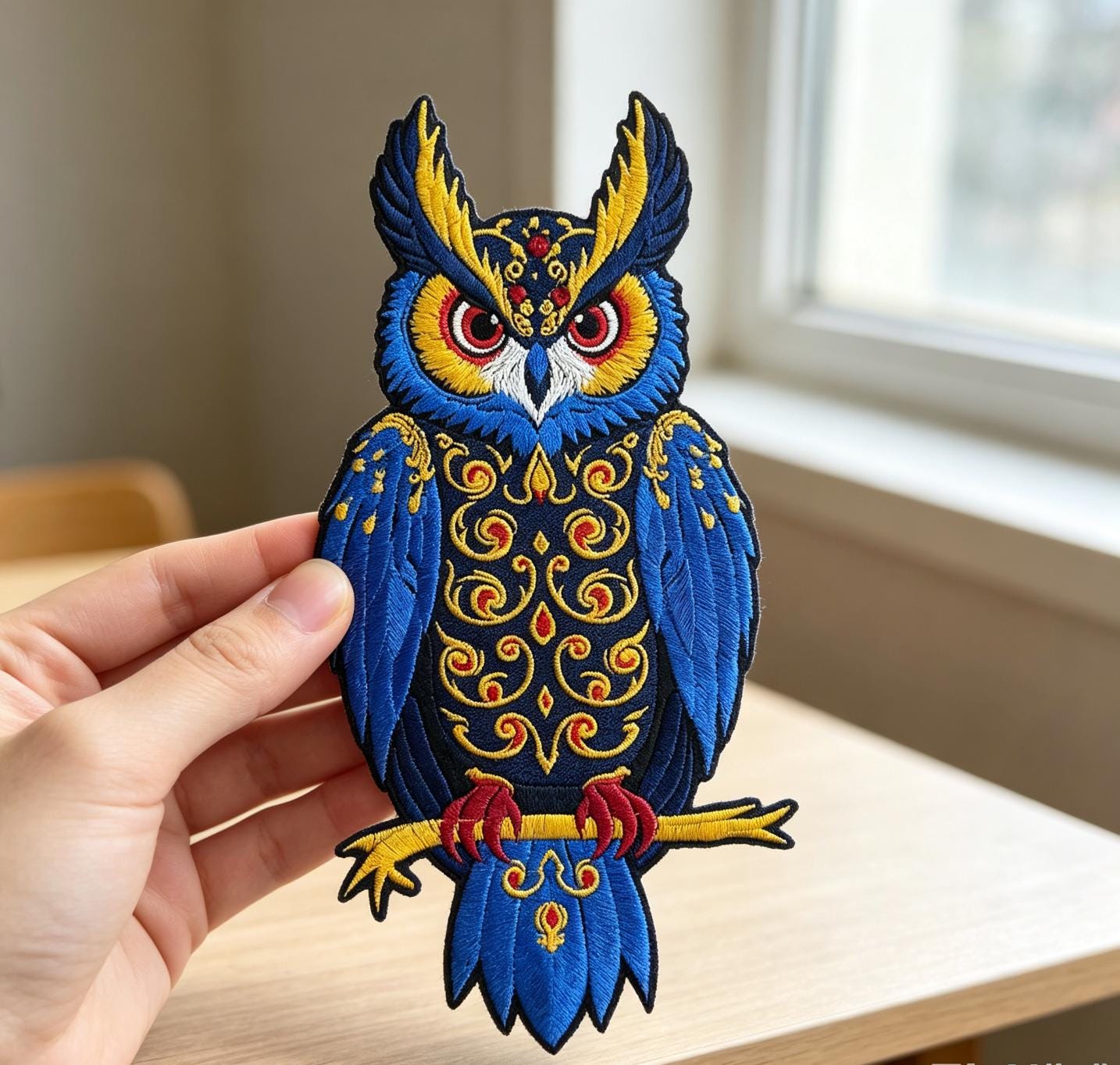 Ornate Blue Owl Embroidered Iron-On Patch - image 2