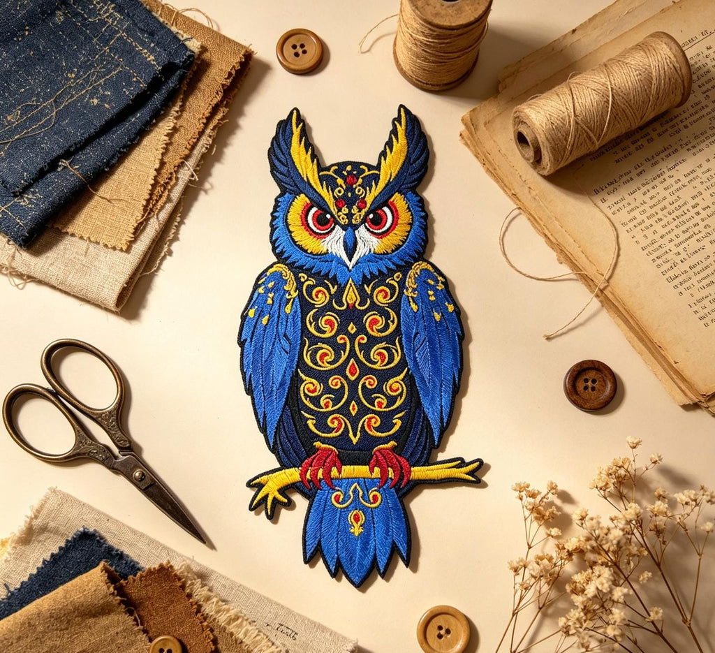 Ornate Blue Owl Embroidered Iron-On Patch - image 8