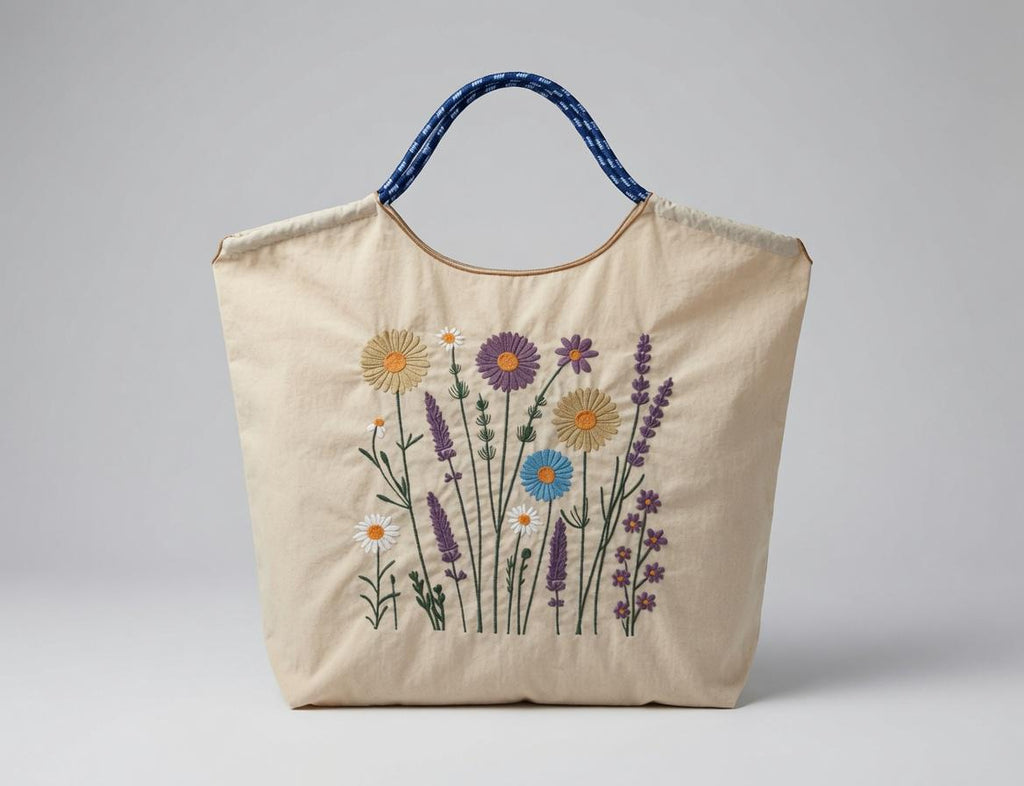 Custom Embroidered Wildflower Tote Bag Daisy Lavender Floral Canvas Shopping Bag Nature Style Gift Made to Order