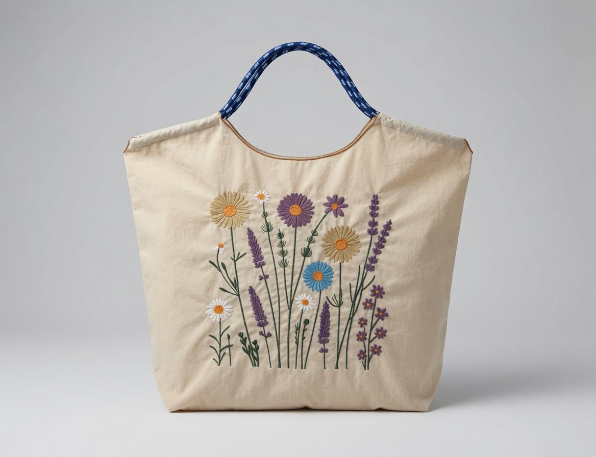Custom Embroidered Wildflower Tote Bag Daisy Lavender Floral Canvas Shopping Bag Nature Style Gift Made to Order