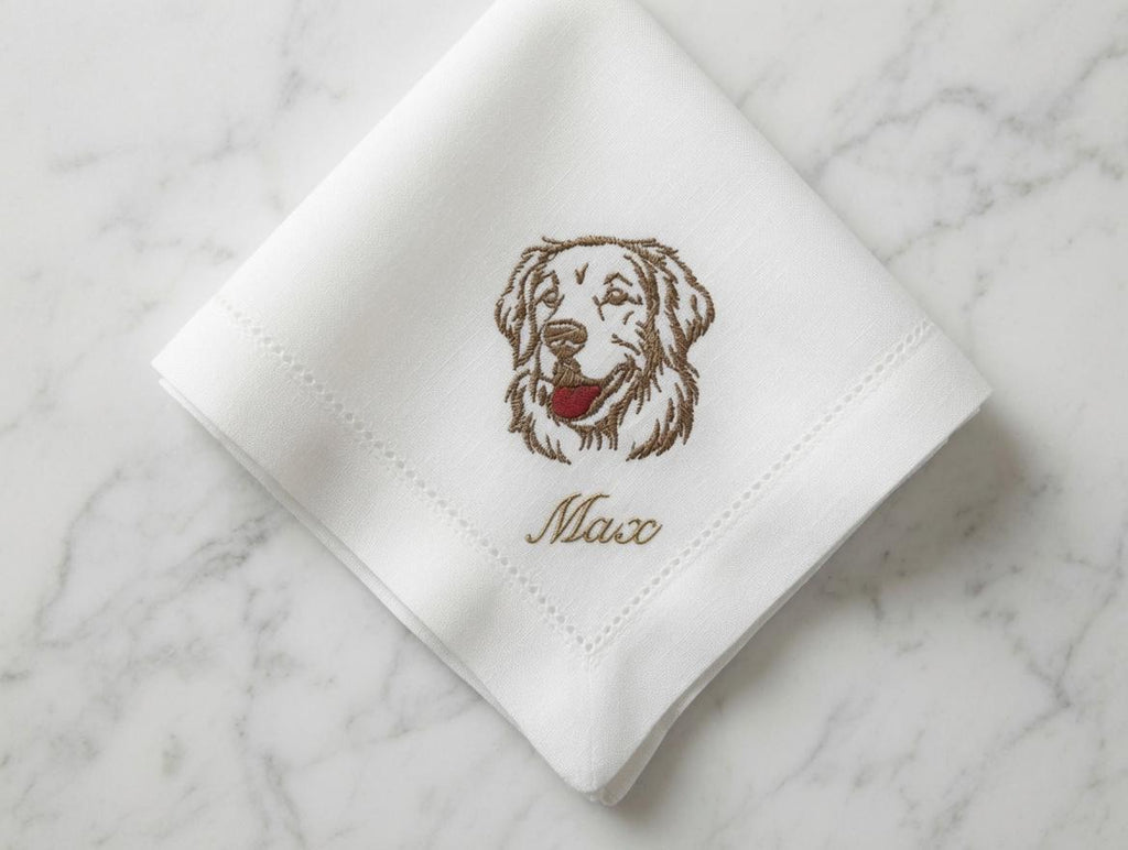 Custom Pet Embroidered Handkerchief Golden Retriever Dog Portrait Napkin Personalized Name Max Pet Memorial Gift Made to Order