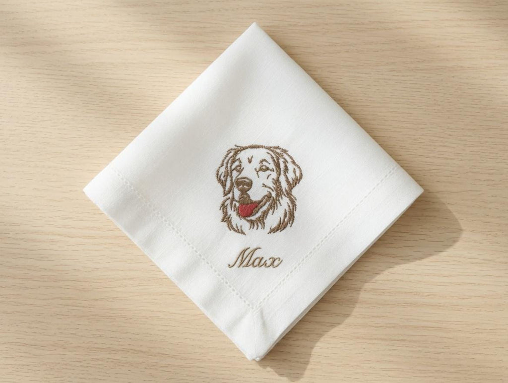 Custom Pet Embroidered Handkerchief Golden Retriever Dog Portrait Napkin Personalized Name Max Pet Memorial Gift Made to Order