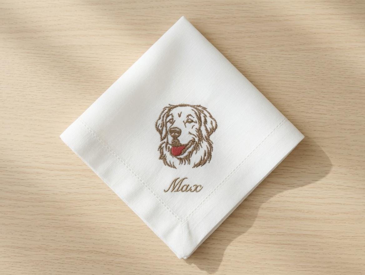 Custom Pet Embroidered Handkerchief Golden Retriever Dog Portrait Napkin Personalized Name Max Pet Memorial Gift Made to Order