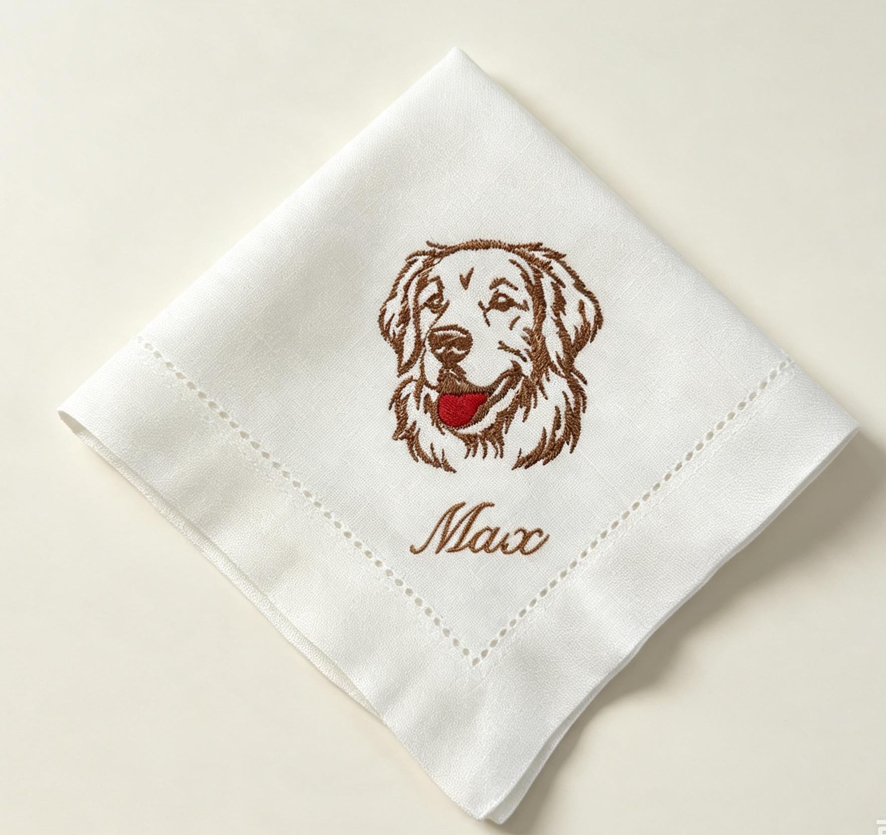 Custom Pet Embroidered Handkerchief Golden Retriever Dog Portrait Napkin Personalized Name Max Pet Memorial Gift Made to Order