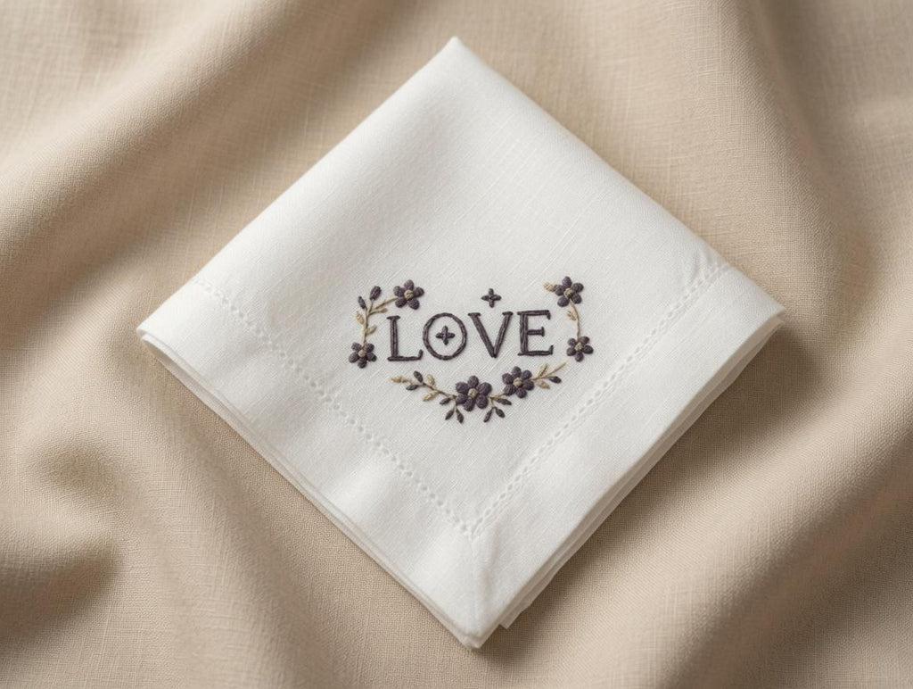 Custom Embroidered LOVE Floral Heart Napkin With Pearl Rhinestones Romantic Word Handkerchief Wedding Gift Made to Order