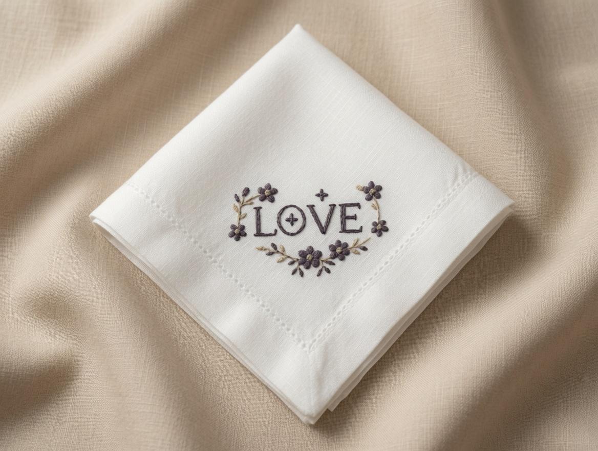 Custom Embroidered LOVE Floral Heart Napkin With Pearl Rhinestones Romantic Word Handkerchief Wedding Gift Made to Order
