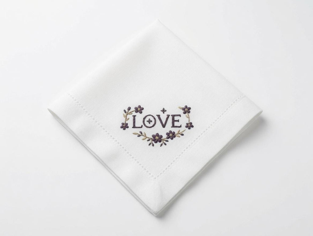 Custom Embroidered LOVE Floral Heart Napkin With Pearl Rhinestones Romantic Word Handkerchief Wedding Gift Made to Order