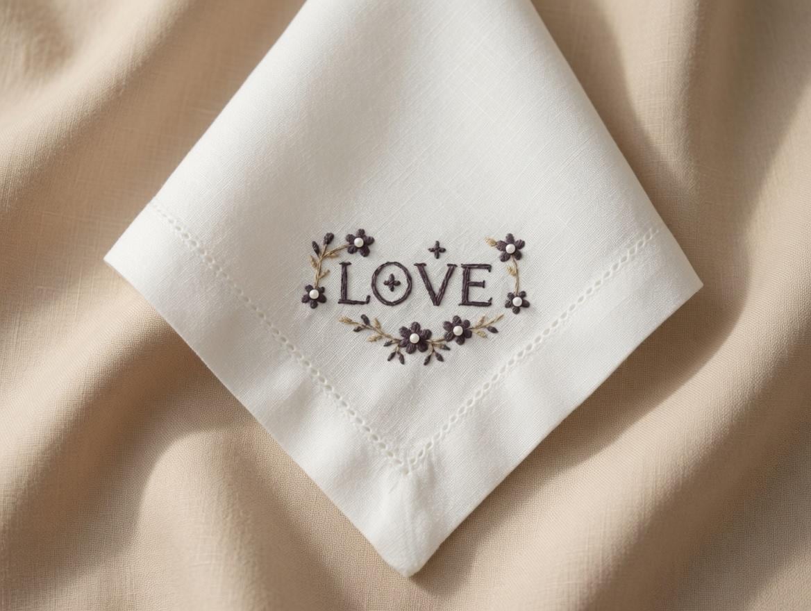 Custom Embroidered LOVE Floral Heart Napkin With Pearl Rhinestones Romantic Word Handkerchief Wedding Gift Made to Order