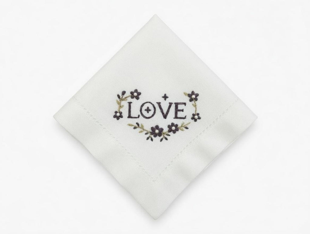 Custom Embroidered LOVE Floral Heart Napkin With Pearl Rhinestones Romantic Word Handkerchief Wedding Gift Made to Order