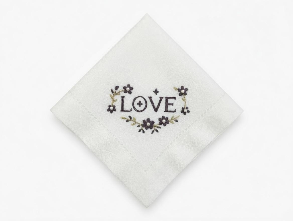 Custom Embroidered LOVE Floral Heart Napkin With Pearl Rhinestones Romantic Word Handkerchief Wedding Gift Made to Order