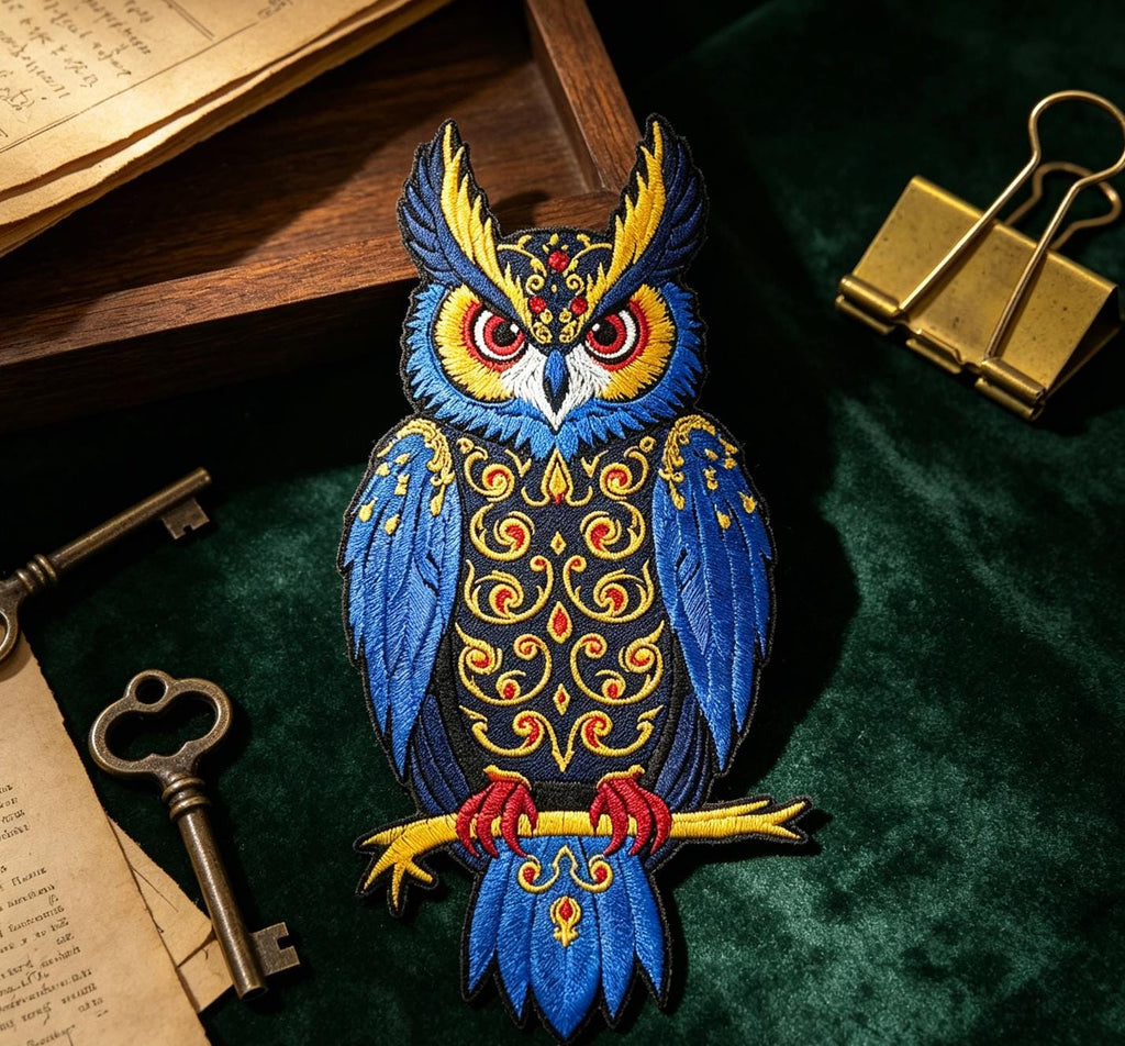 Ornate Blue Owl Embroidered Iron-On Patch - image 7