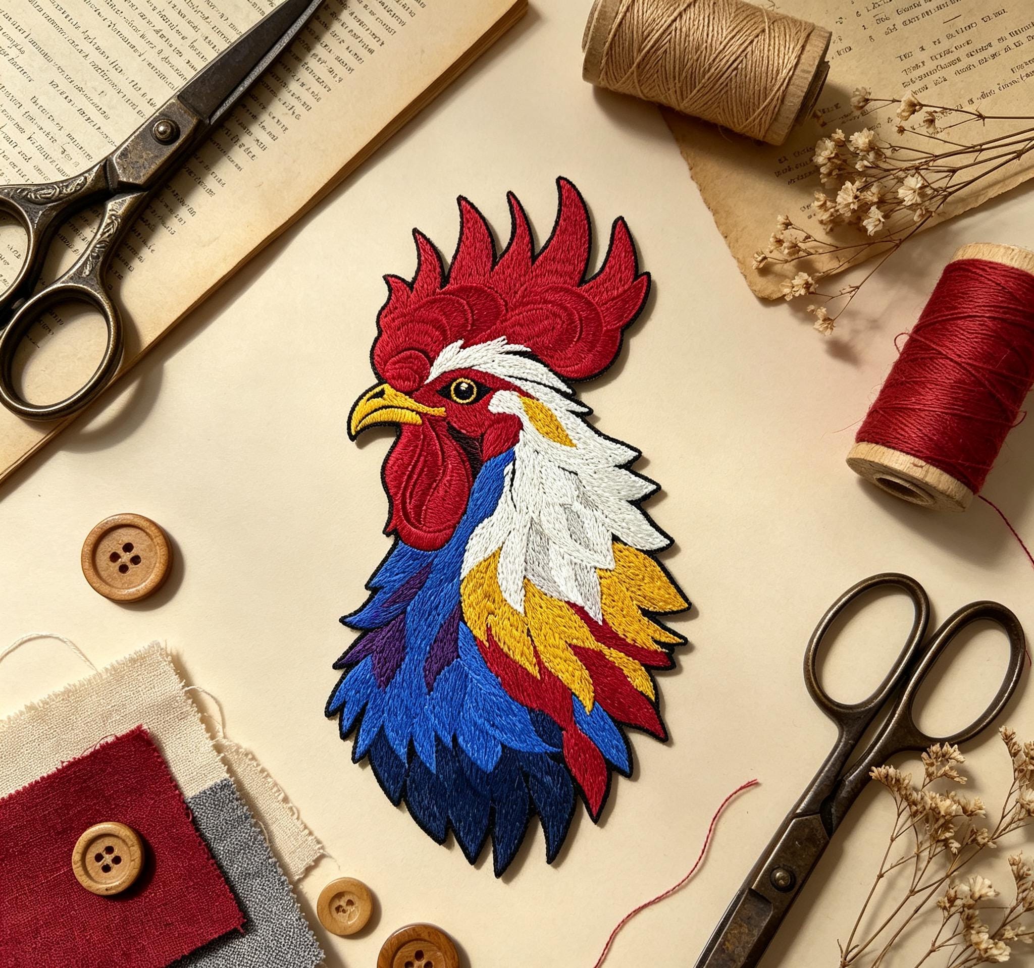 Colorful Rooster Embroidered Iron-On Patch - image 1